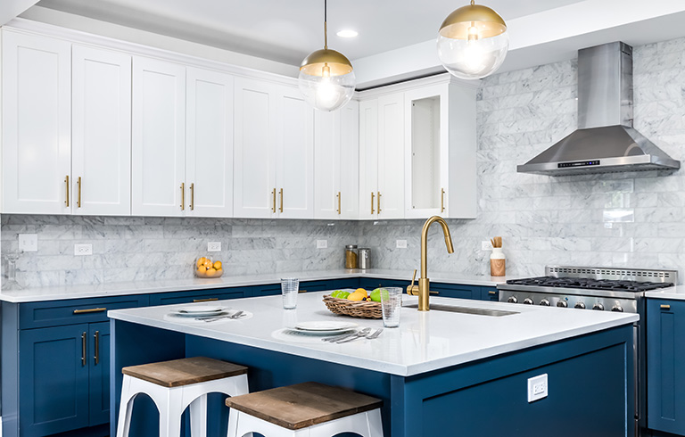 kitchen with blue cabinets