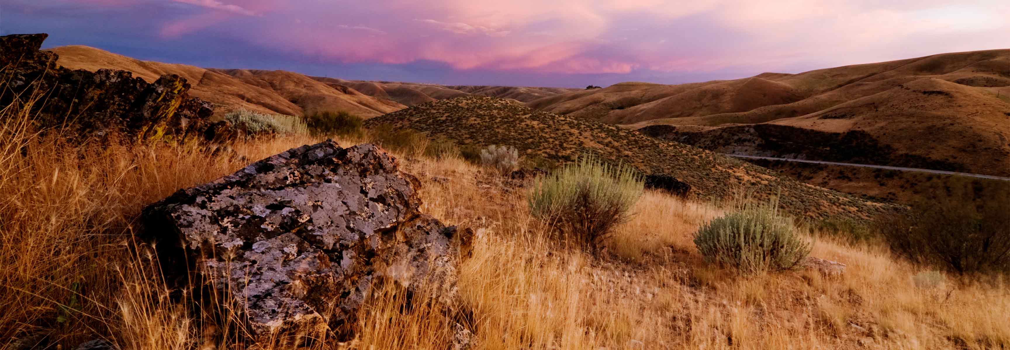 Sunset over mountainous field