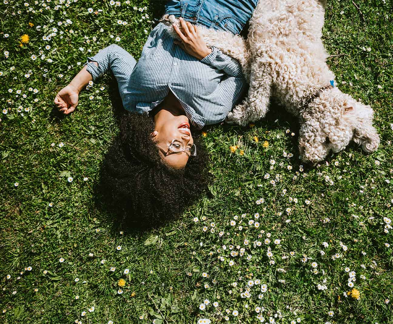 woman and dog laying in a field of flowers