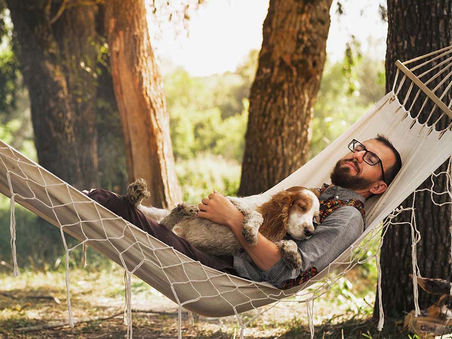 man lying in a hammock with his dog