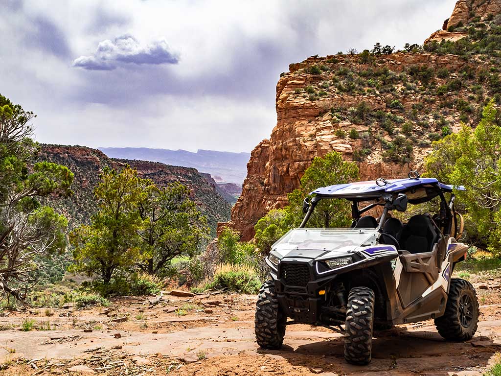 side-by-side vehicle with red rock scenery