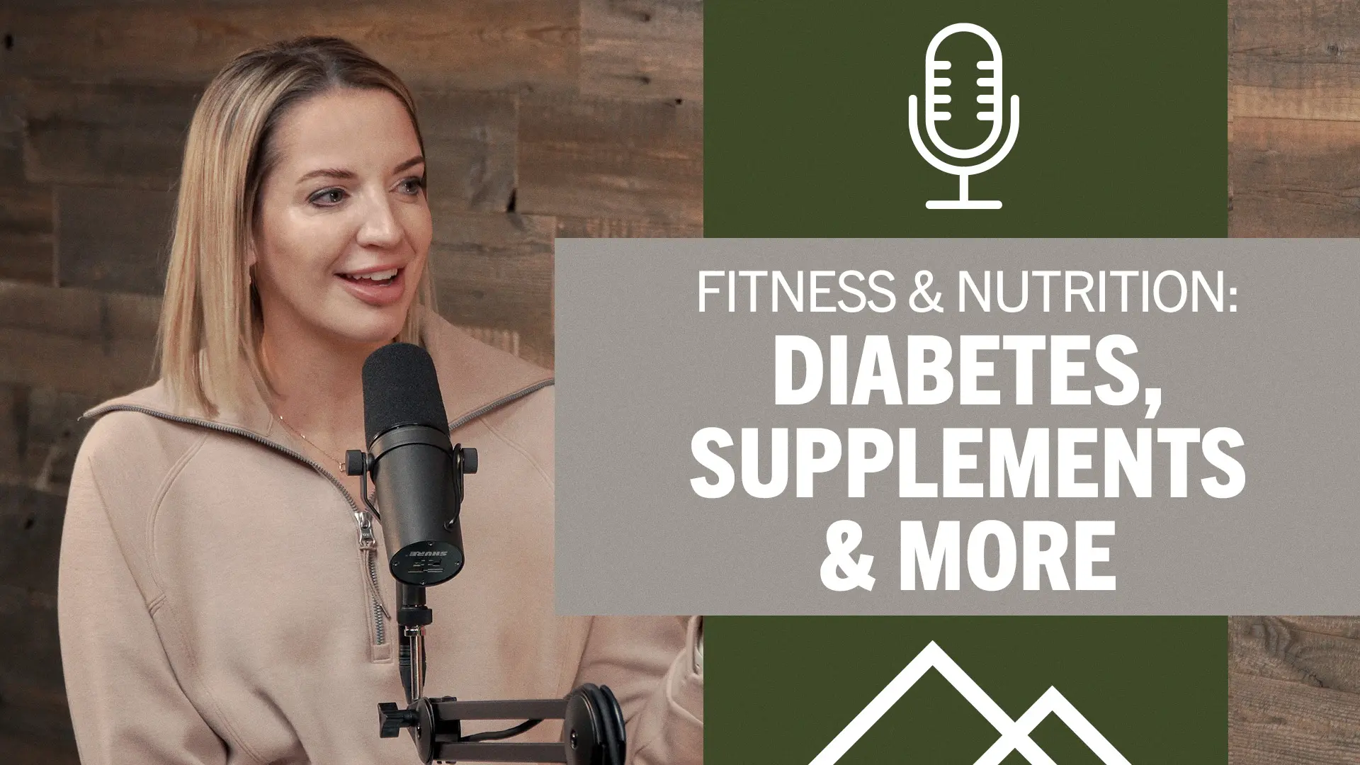 Krystalina Brown at the podcast mike. Text says fitness & nutrition: diabetes, supplements & more