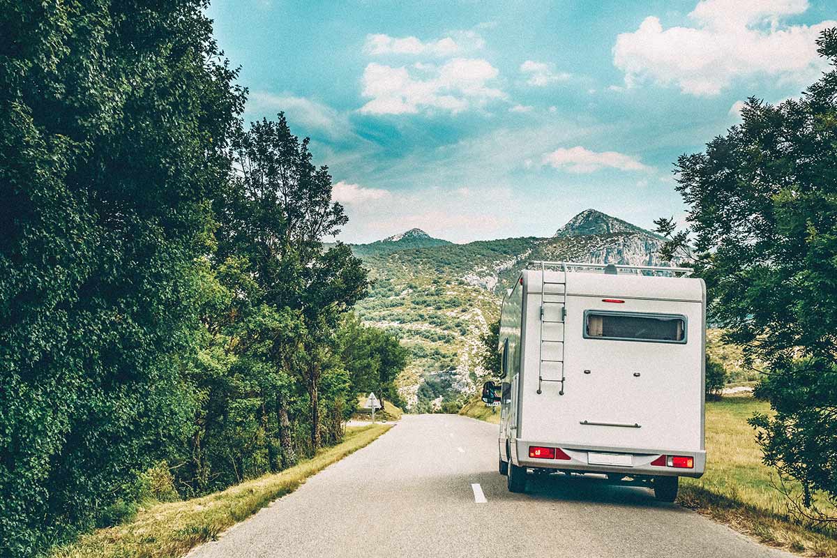 RV driving on mountain roads