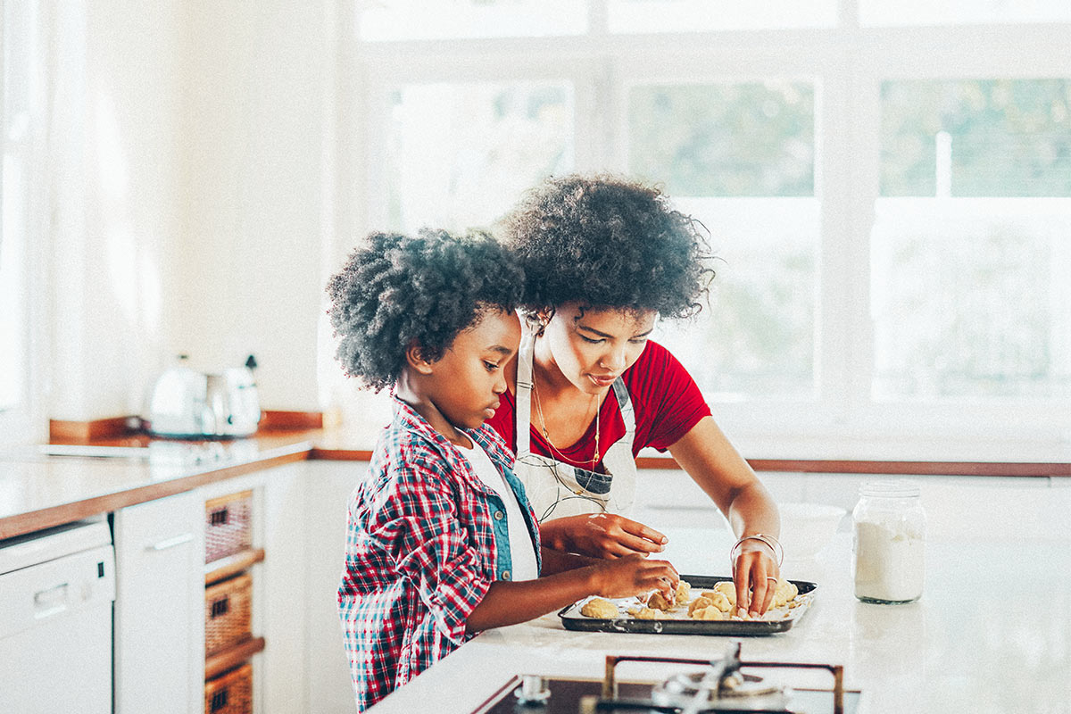 mother baking with her son